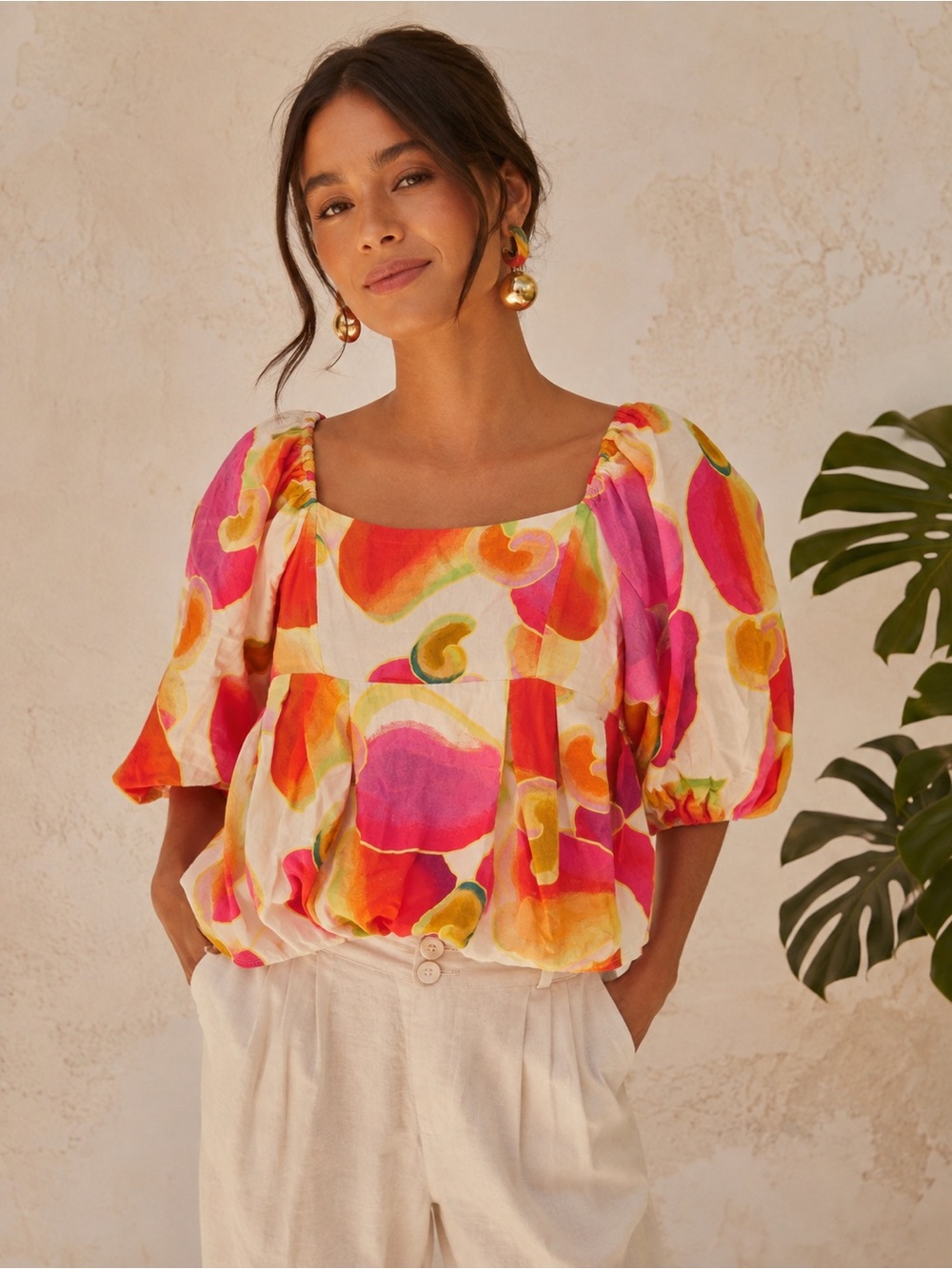 FARM Rio Red Orange White Abstract Puff-Sleeve Blouse Cotton Size Small